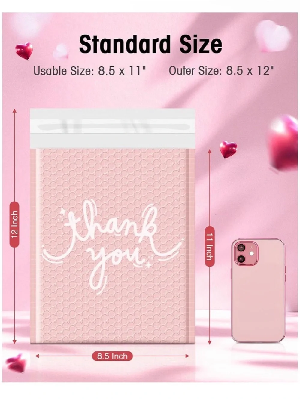 Pink 'Thank You' Bubble Mailers - Decorative Shipping Envelopes 10ct 8.5”x12”